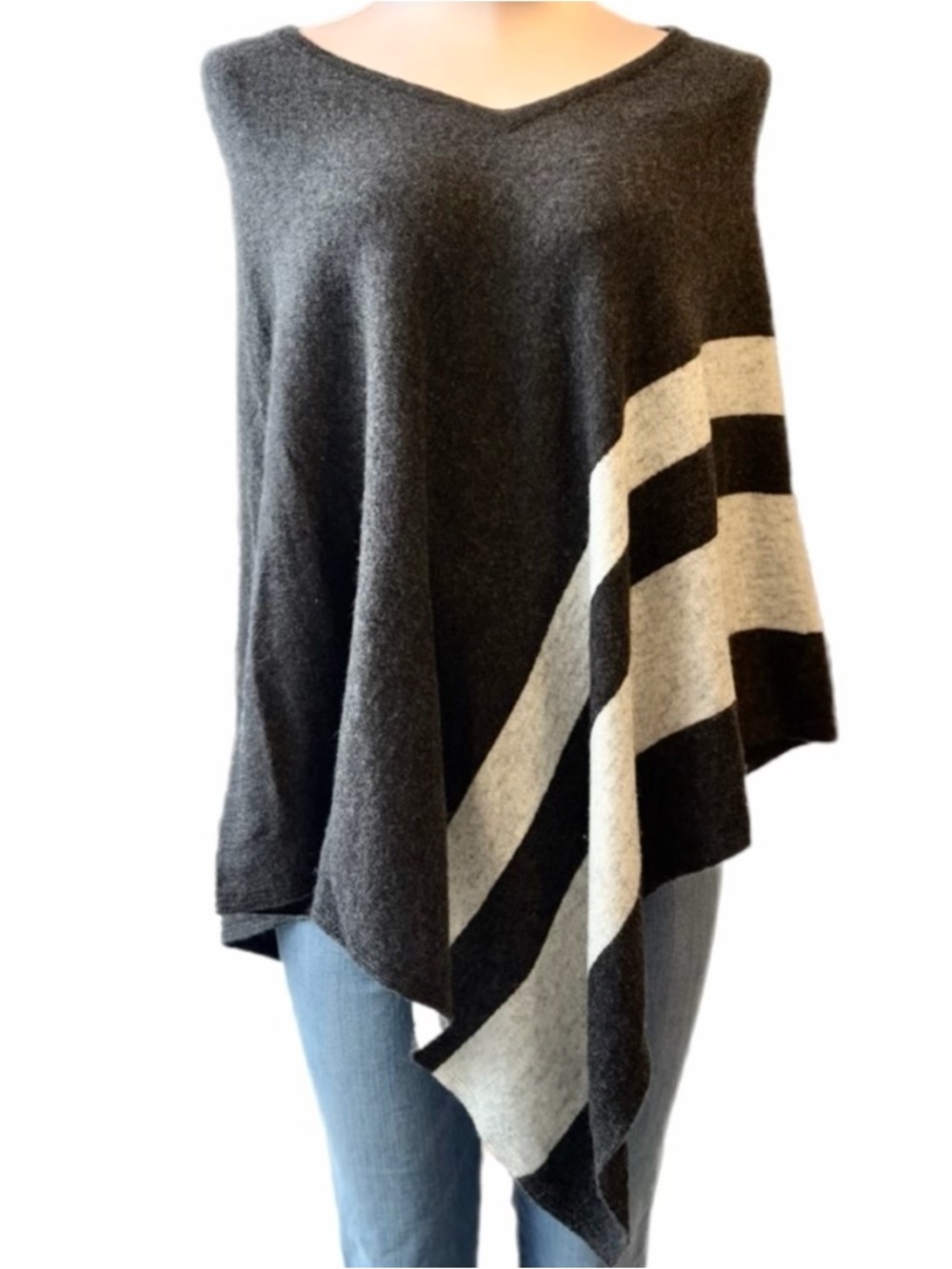 Cashmere Poncho Wrap Gray Black Stripe One Size Soft Knit Shawl Cape